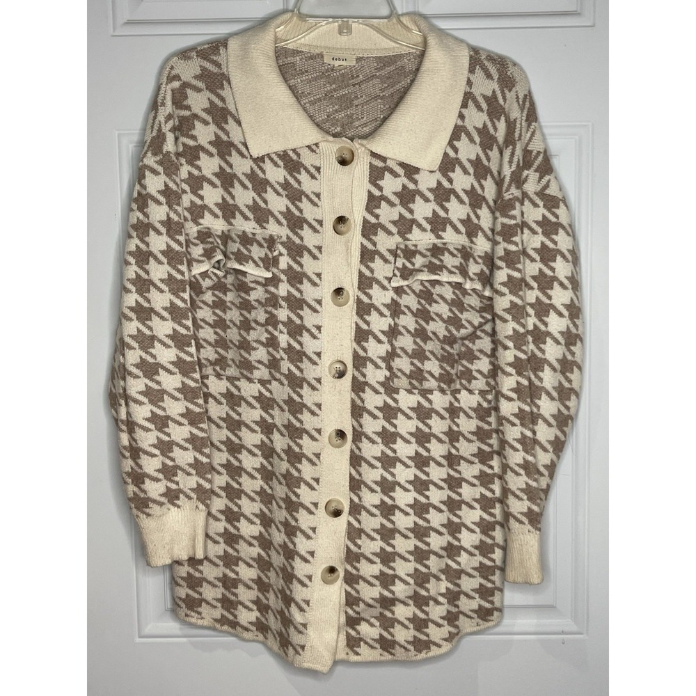 Debut Women's Small Houndstooth Button Front Knit Cardigan Cream Brown Shacket